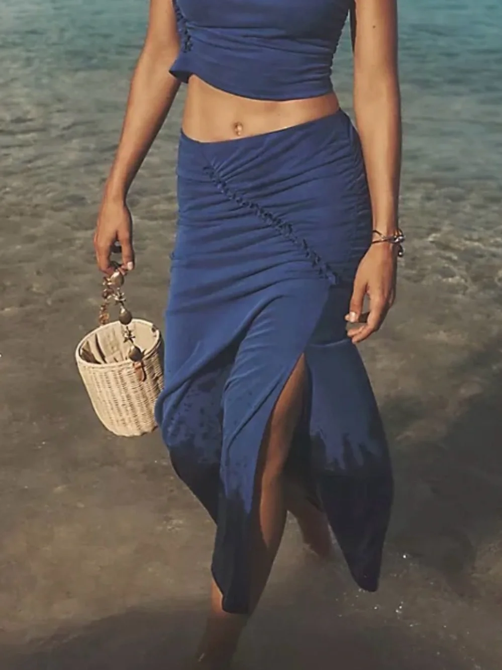 Anthropologie Celandine The Gabbie Ruched Midi Skirt in Blue sz Small